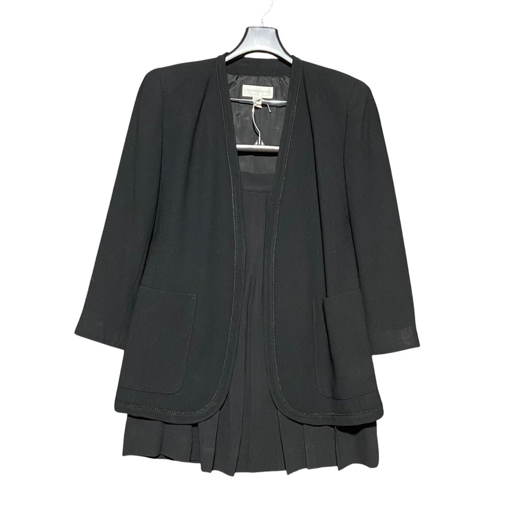 Liz Claiborne Collection Vintage Black Pleated Skirt Suit Set 6 8 Collarless